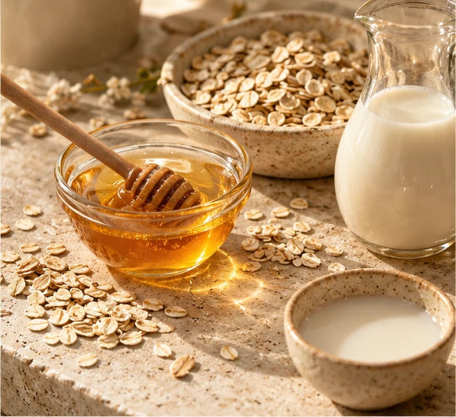 Oats and honey in sunlit natural arrangement