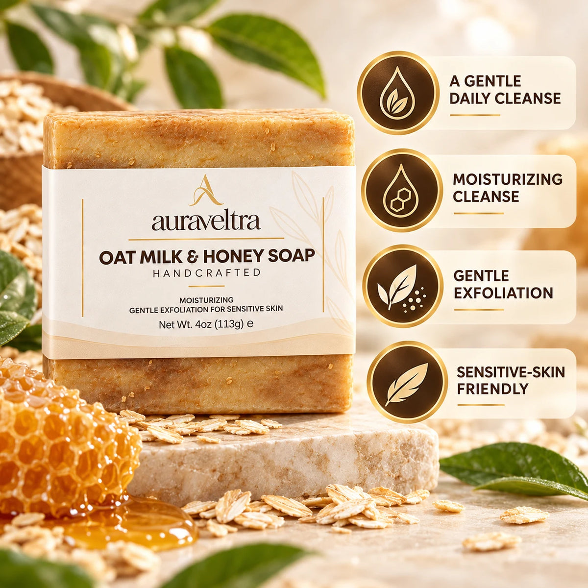 Auraveltra Oat Milk & Honey Soap – 113 g image 2