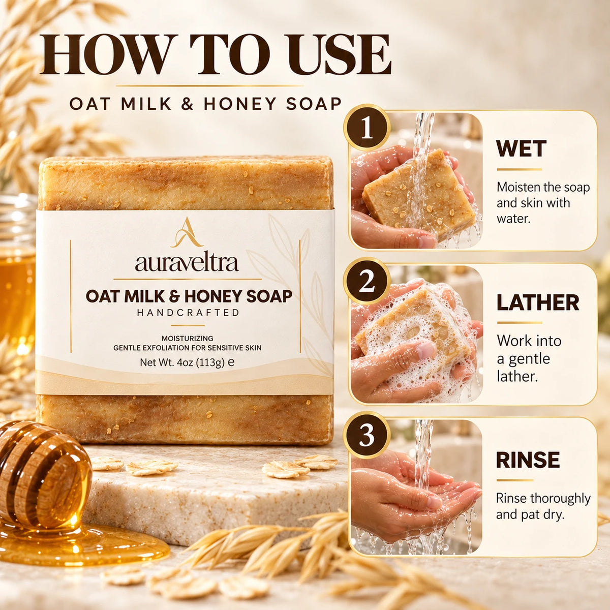 Auraveltra Oat Milk & Honey Soap – 113 g image 3